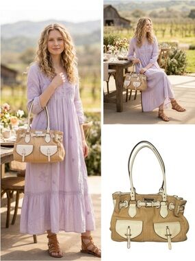 Etienne Aigner Tan satchel fabric and cream faux leather Bag VTG cottagecore